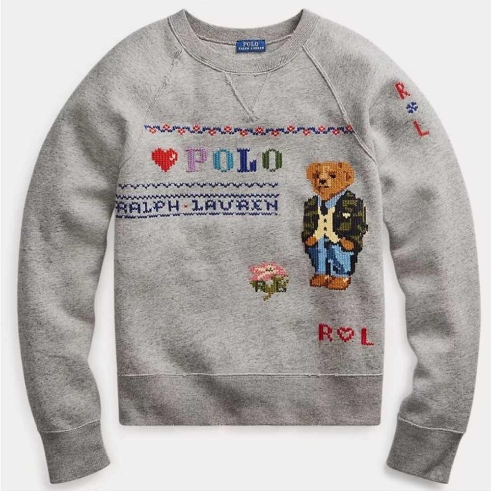 Ralph Lauren Polo Bear Cross stitch Embroidered Sweatshirt Sz S NWOT